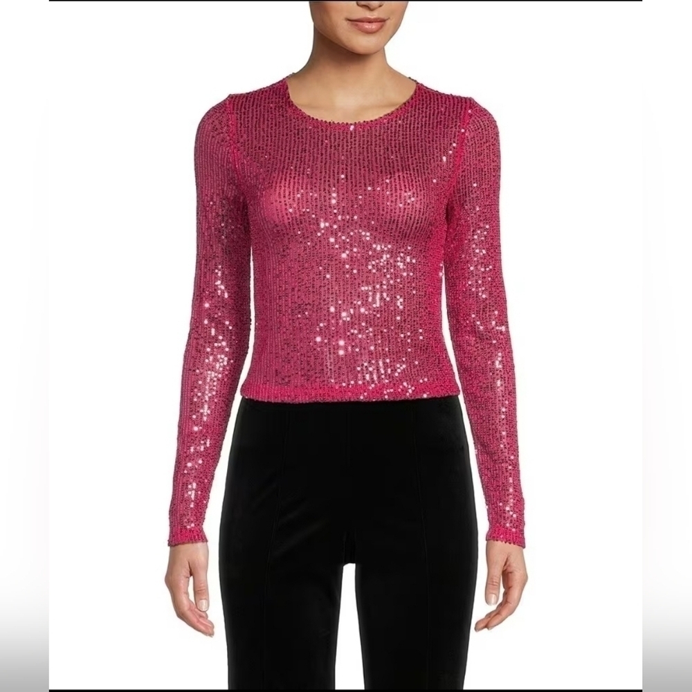 CHELSEA & VIOLET Long Sleeve Cropped Sequin Top Size M NWT